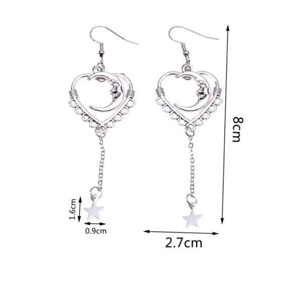 Earrings Heart Crescent Moon and Stars Dangle Silver-tone - Picture 4 of 12